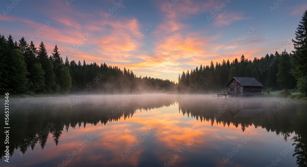 Fototapeta premium Serene lake reflection at vibrant sunset