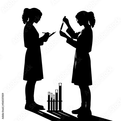Two female scientists conducting experiments in laboratory silhouettes  