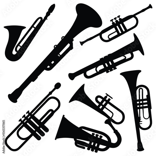 Diverse musical instruments are displayed in silhouettes, creating an artistic and playful design that evokes music.