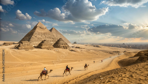 Photos Giza Pyramids: Camel Caravan at Sunset, Dramatic Sky, Ancient Egypt, Travel Phot