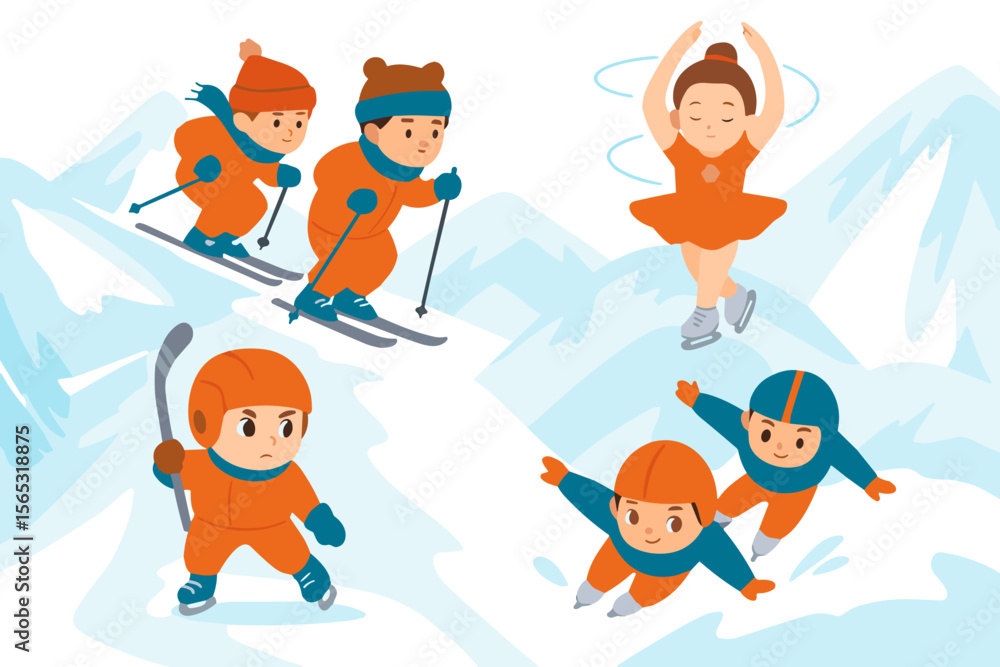 Fototapeta premium Cartoon children doing winter sports in snowy mountains, flat style in orange and blue tones, concept for Winter Sports Day, with space to copy