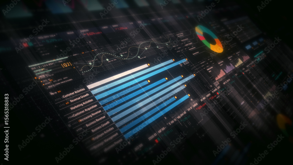 Obraz premium Dynamic data visuals for business info graphics, animated charts, and data-driven insights for a business meeting mock-up. Explore the world of trading, stock exchanges, and crypto