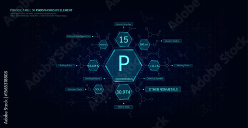 Periodic table of Phosphorus element. Other nonmetals, State solid. Chemical chart sample in hexagonal molecules form. Science minerals concept. Background poster for scientific printing. Vector.