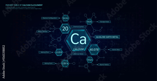 Periodic table of calcium (Ca) element alkaline earth metals. Chemical chart sample in hexagonal molecules form. Science minerals concept. Background poster for scientific printing. Vector EPS10.