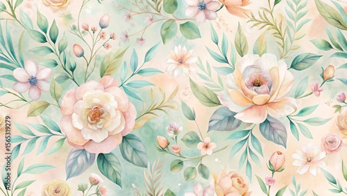 Wallpaper Mural Pastel Floral Watercolor Botanical Seamless Pattern Design Featuring Delicate Blooms and Lush Greenery Torontodigital.ca