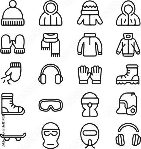 Winter Sports & Cold Weather Gear Icons  A Collection of Line Art Graphics