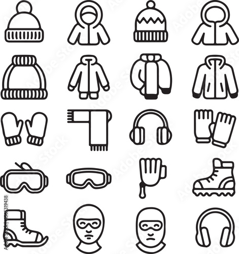 Winter Clothing and Accessories Icon Set Hats, Jackets, Gloves, Scarves, and More