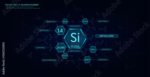 Periodic table of Silicon (Si) element. Metalloids, State solid. Chemical chart sample in hexagonal molecules form. Science minerals concept. Background poster for scientific printing. Vector EPS10.
