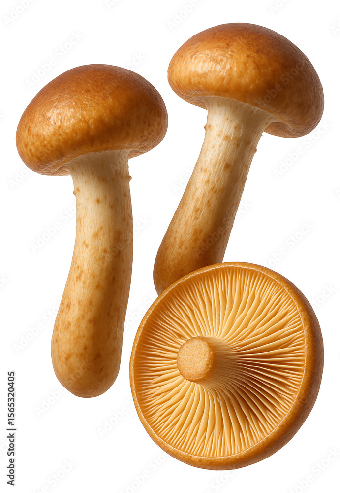 Fototapeta premium Three brown honey mushrooms showing their smooth caps and gilled undersides.