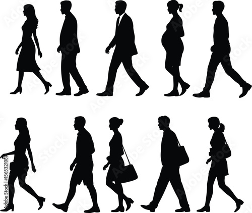Diverse Walking People Silhouettes: Commuters, Pregnant, Business, Everyday Life Icons