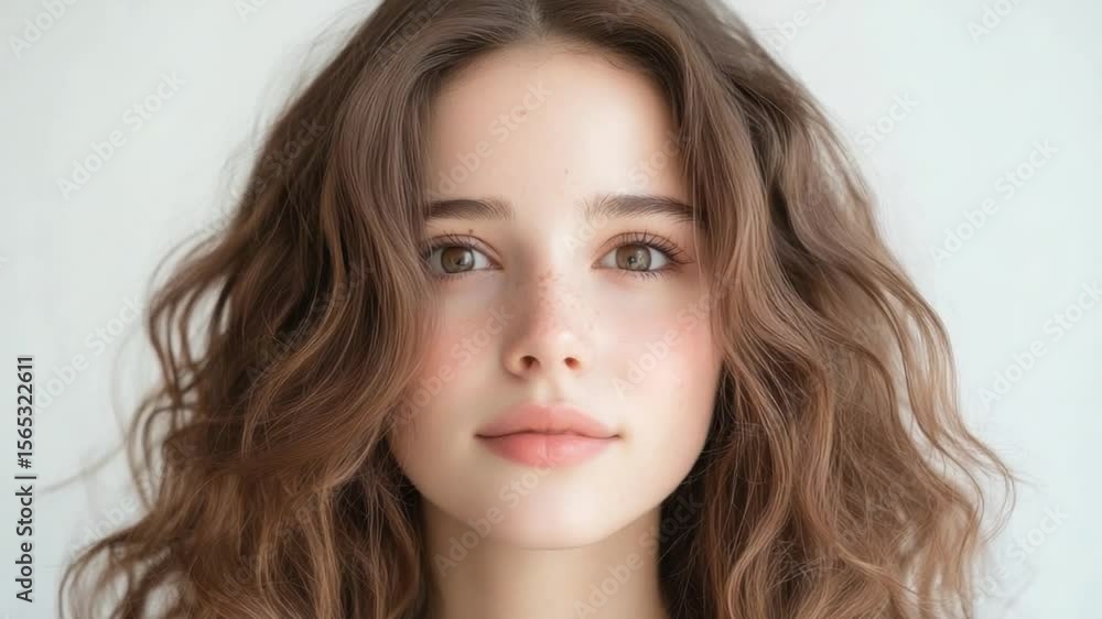 Close-up Portrait of a Woman: This evocative close-up reveals a woman with soft, wavy brown hair, gazing directly into the camera with warmth and a hint of mystery Close-up Portrait of a Woman: This evocative close-up reveals a woman with soft, wavy brown hair, gazing directly into the camera with warmth and a hint of mystery