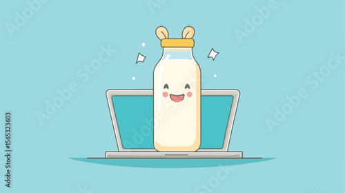 Creative Illustration of Milk Bottle with Laptop Mascot Cartoon Vector Design