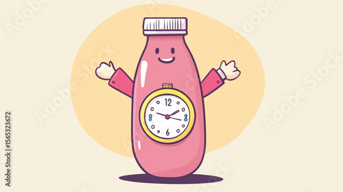 Time Management Concept with Milk Bottle and Wristwatch Cartoon Illustration