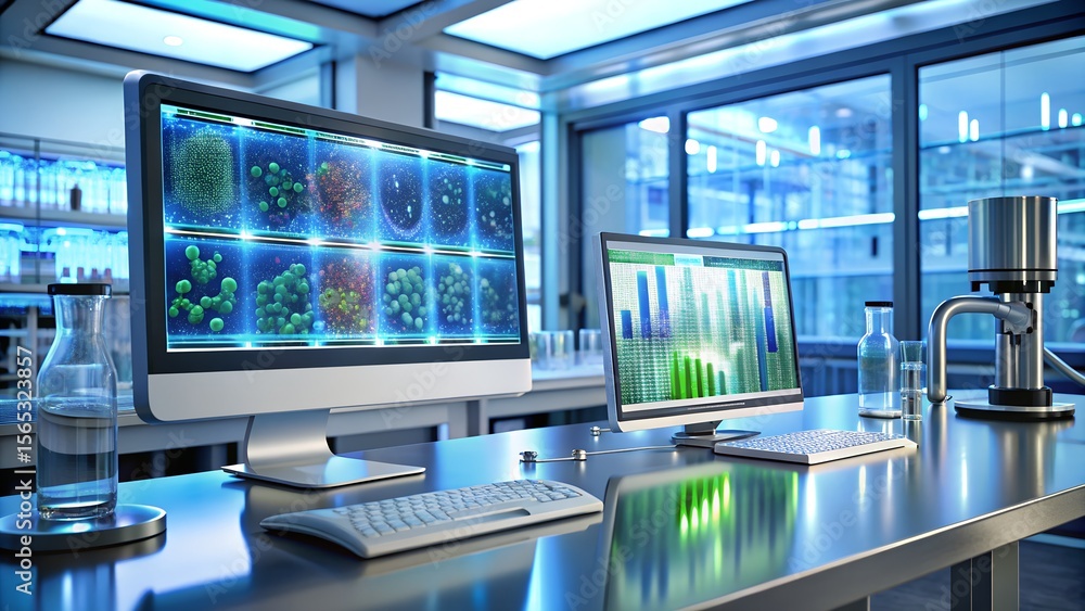 Futuristic Bioinformatics Dashboard with 3D DNA Interface in Virtual Lab, futuristic lab, bioinformatics, Bioengineering Control Panel, biotech, Ultra-HD bioinformatics control system Futuristic Bioinformatics Dashboard with 3D DNA Interface in Virtual Lab, futuristic lab, bioinformatics, Bioengineering Control Panel, biotech, Ultra-HD bioinformatics control system