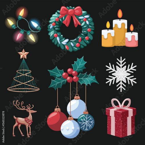 vector Happy New Year Celebrating 2025 in Latin letters , Christmas Decoration Items Santa Claus