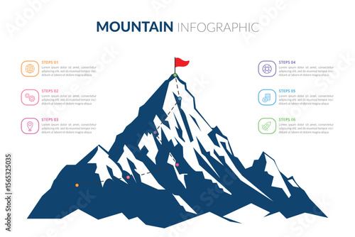 mountain infographic step success, business challenges conquering the mountains, reaching the summit