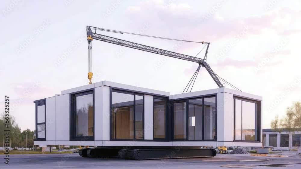 Modern Construction: A large crane delicately lifts a modular home, a symbol of innovative construction and sustainable design, under a clear, vibrant sky. Modern Construction: A large crane delicately lifts a modular home, a symbol of innovative construction and sustainable design, under a clear, vibrant sky.