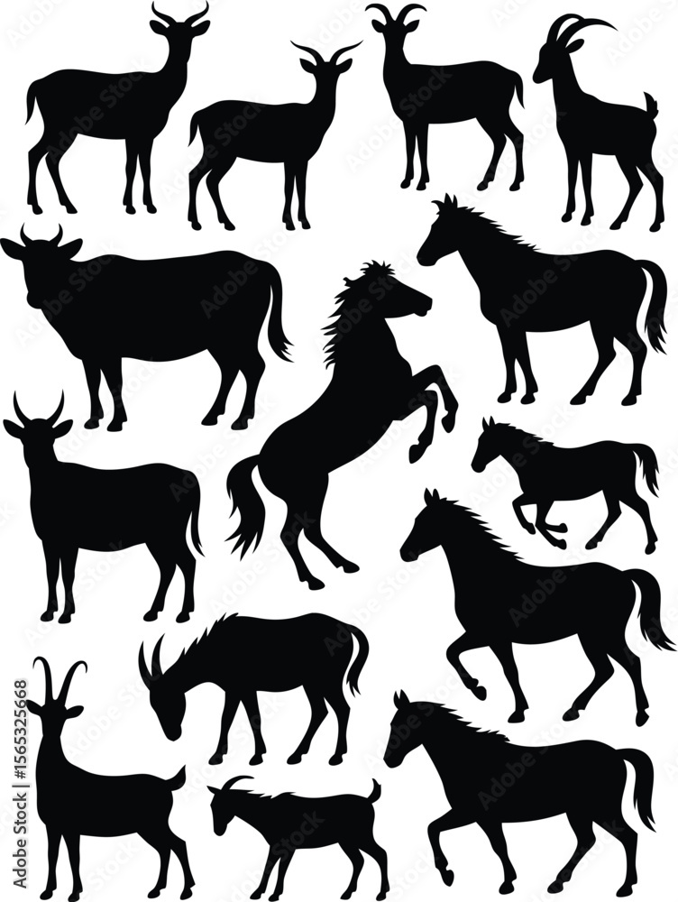 Obraz premium Silhouette Collection Diverse Selection of Antelope, Horses, Goats, and Cattle Standing on White Background
