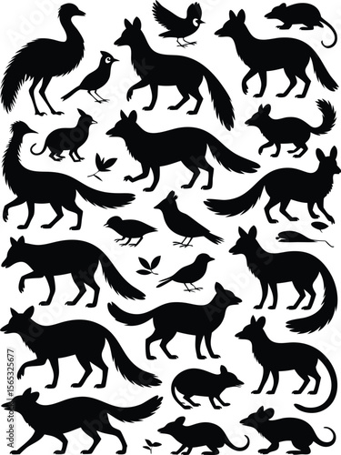 Silhouette Illustration of Birds, Foxes, Rats, and Ostriches With White Background