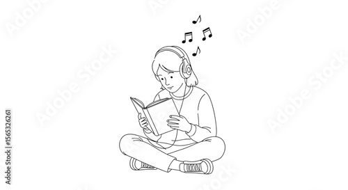 Person wearing headphones enjoying an audiobook while sitting cross-legged with a book in their hands experiencing auditory learning and imagination