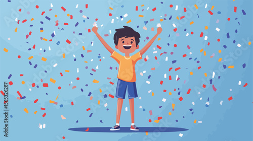 Joyful Boy Celebrating with Confetti - Flat Vector Illustration