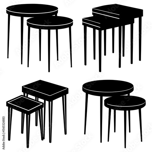 Illustration showing four sets of nesting tables in black silhouette against a white background space