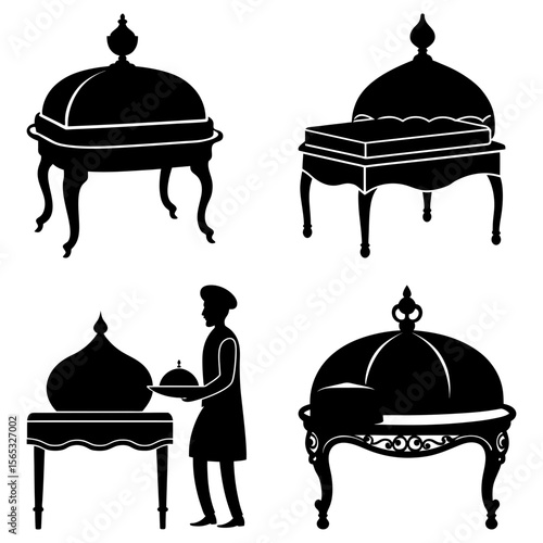 Illustration of four food warmers and a chef carrying a tray in black and white style design