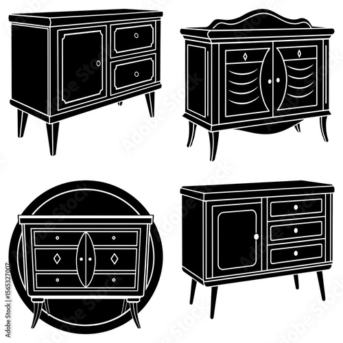 Four black and white illustrations of different styles of cabinets and dressers on a white background