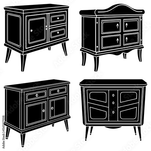 Four furniture pieces showing cabinetry with doors and drawers in a black and white design style image