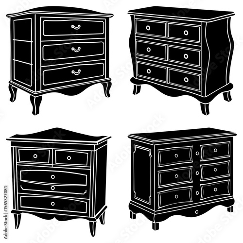 Collection of four black and white chest of drawers furniture illustrations in various styles shown
