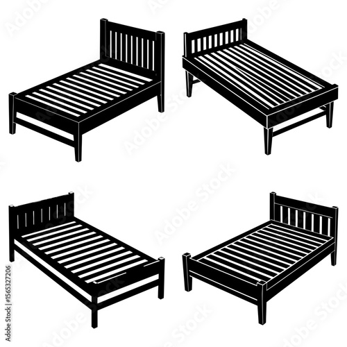 Four isometric beds with headboards and slatted bases in a monochrome black and white illustration