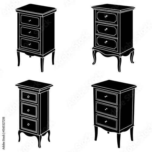 Four black and white silhouettes of three drawer chests with different leg styles are displayed