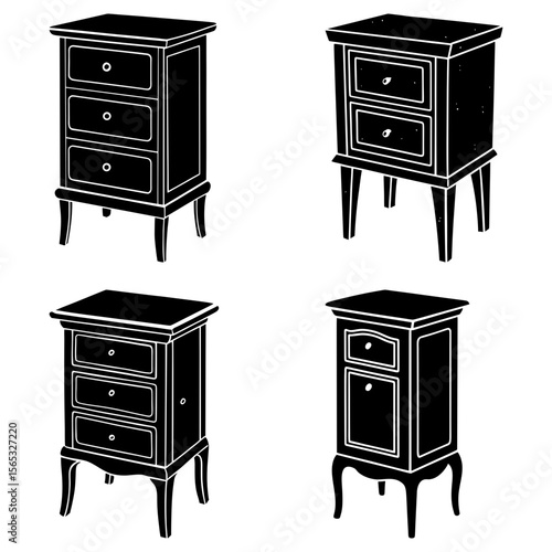 Four black and white illustrations of different styles of bedside tables on a white background