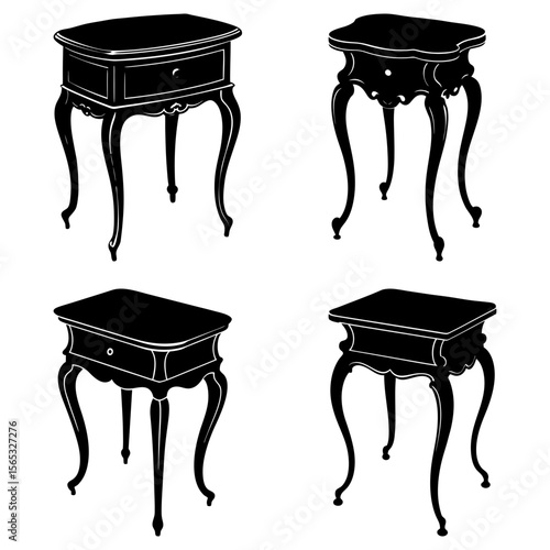 Four antique black bedside tables with drawers and cabriole legs in a symmetrical arrangement