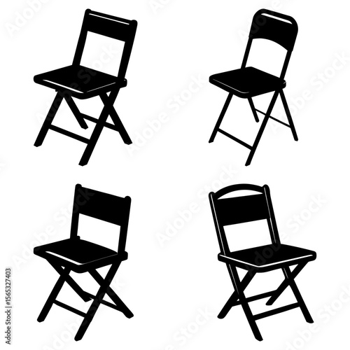 Four black folding chairs arranged in a grid pattern against a white background in a vector image