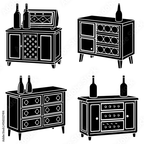 Four black and white illustrations of cabinets and dressers with bottles on top of the furniture