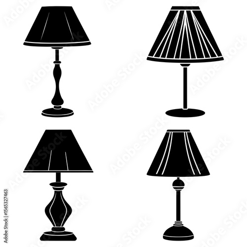 Four black silhouette table lamps with varying shades and bases in a symmetrical arrangement view
