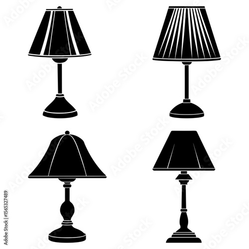 Illustration of four different table lamps with varying lampshade and base designs in black silhouette
