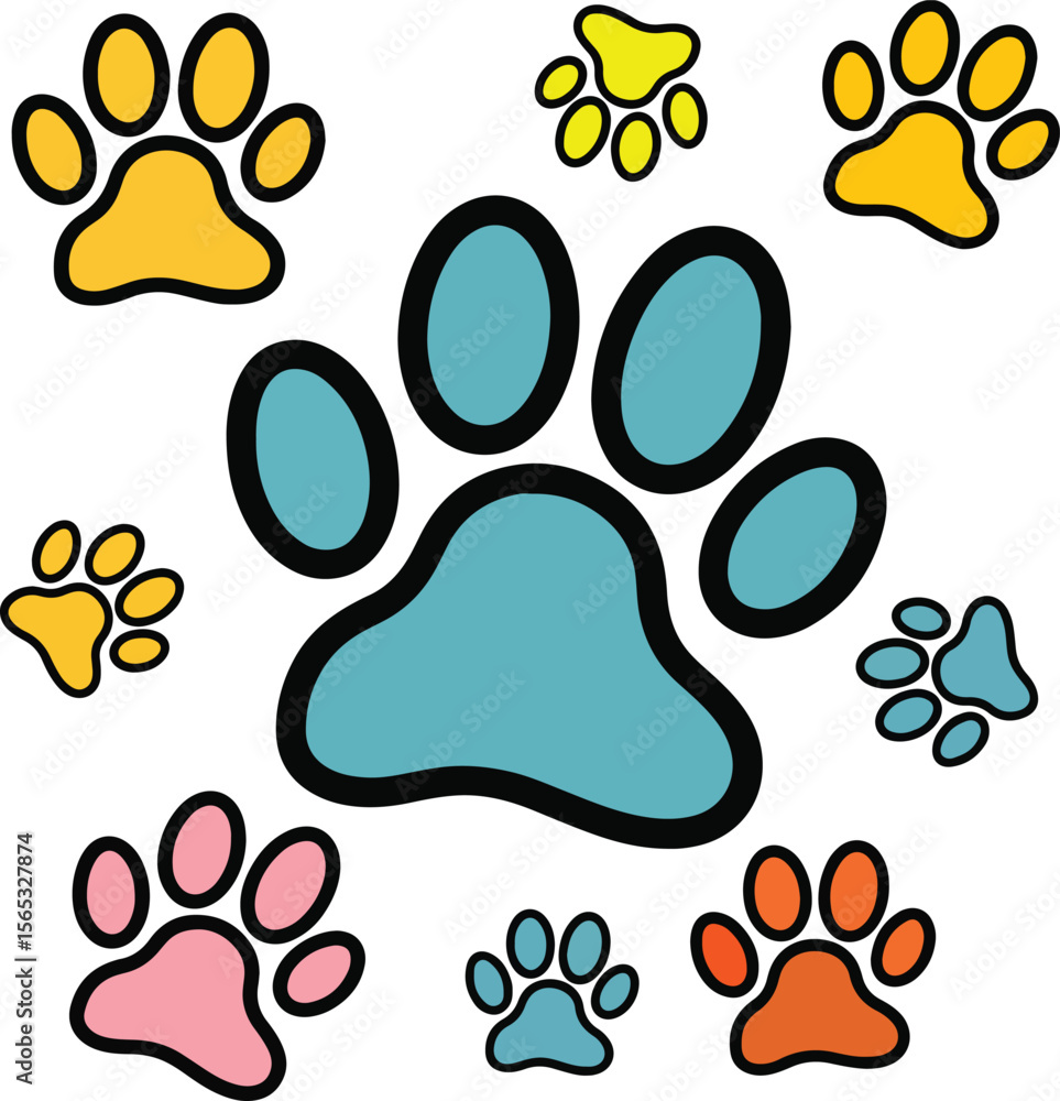 Fototapeta premium A cheerful and vibrant seamless pattern featuring an array of cartoon paw prints in various sizes.