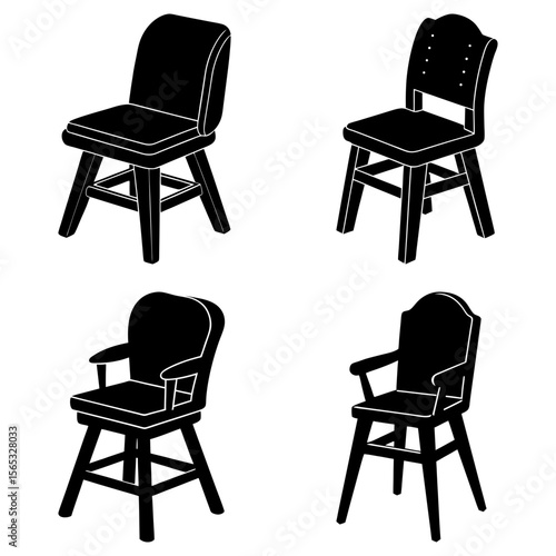 Four chair silhouettes showcasing different styles of seating arrangements on a white background design