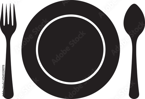 Dinner Plate with Fork and Spoon Silhouette Vector Illustration on Transparent Background
