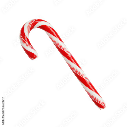 A single traditional red and white striped candy cane with a glossy, highly reflective finish, vibrant helical stripes, and an iconic hook shape, isolated against a pristine transparent background