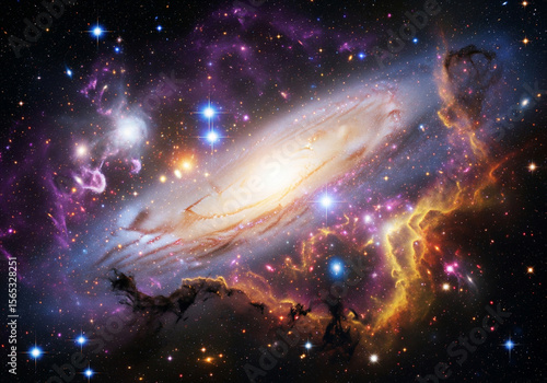 Vibrant Spiral Galaxy Amidst Cosmic Nebulae