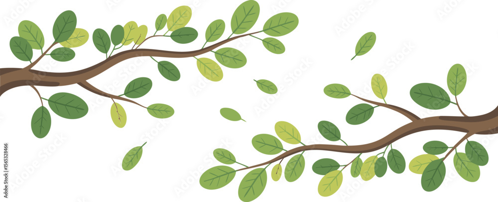 Obraz premium Cartoon Tree Branches with Green and Yellow Leaves Isolated on White Background
