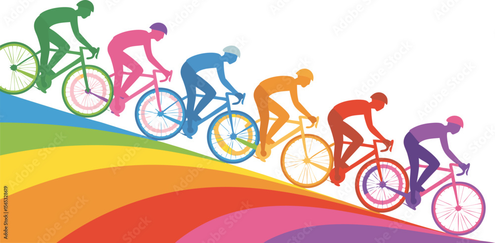 Fototapeta premium Colorful Cyclists Riding on Rainbow Road Abstract Cycling Illustration with a Dynamic Composition
