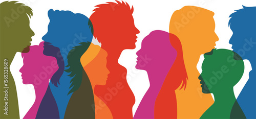 Colorful Crowd Silhouette Diverse Group of People in Profile with Overlapping Colors