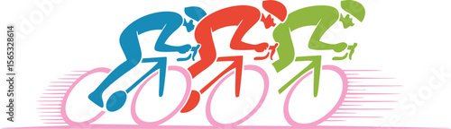 Colorful Cycling Team Race Blue, Red, and Green Cyclists on Pink Bikes