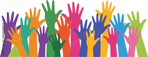 Colorful Hands Raised in Unity Diverse Crowd Illustration for Community, Volunteerism, and Support