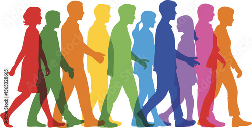 Colorful Silhouette Group Diverse People Walking Together in a Line, Unity and Progress Concept