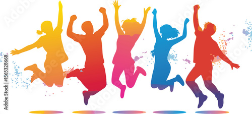 Colorful Silhouettes of Jumping People Expressing Joy and Excitement on a White Background